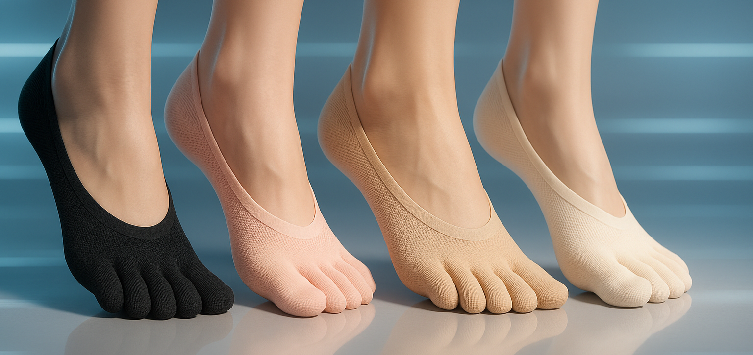 Four pairs of toe-separated socks in black, beige, and white on a reflective surface.
