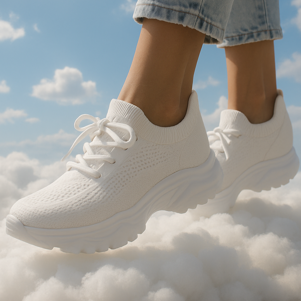 White sneakers worn with light blue jeans against a sky background