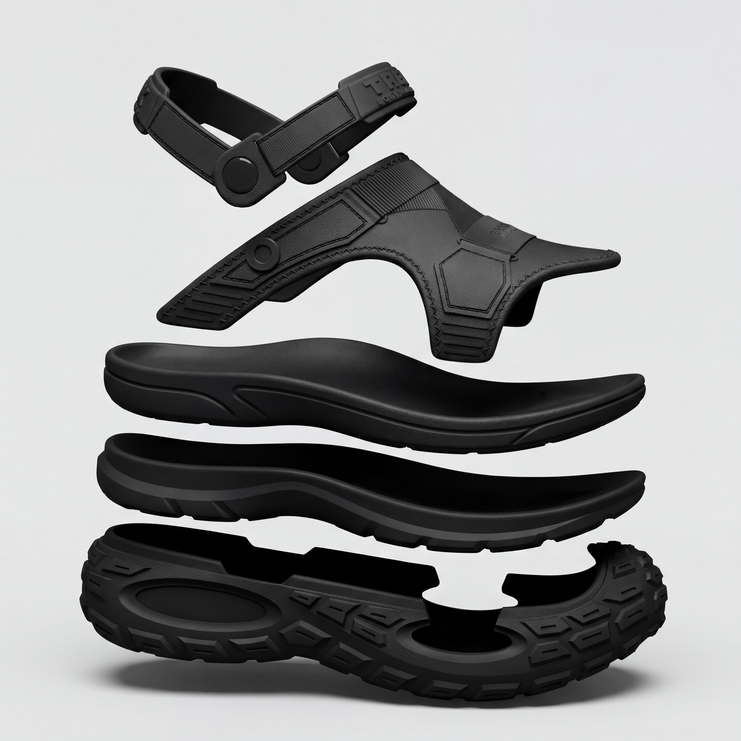 Layered TerraGrip sandal showing breathable upper, contoured footbed, shock-absorbing EVA midsole, and all-terrain grip outsole