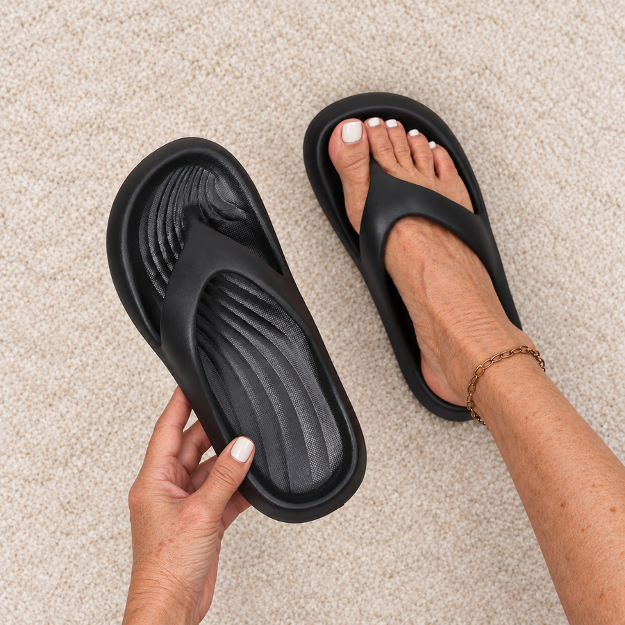 Top view of the Sootheez flip flop footbed: wave texture, contoured arch and raised edge, next to a foot wearing the other flip flop