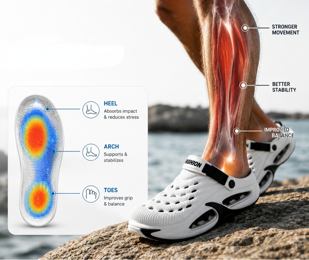 AeroCloud sandal showing breathable upper, contoured footbed, shock-absorbing EVA midsole, and all-terrain grip outsole
