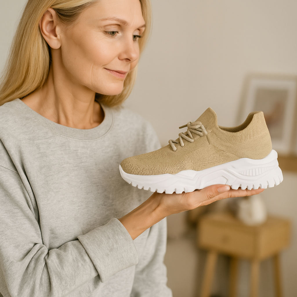 Woman holding a beige sneaker with white sole indoors
